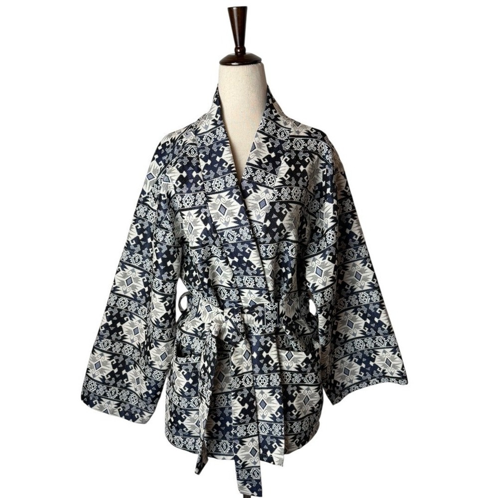 Free For Humanity Coat Women Medium‎ Blue Tribal Jacquard Kimono Trench Outdoor